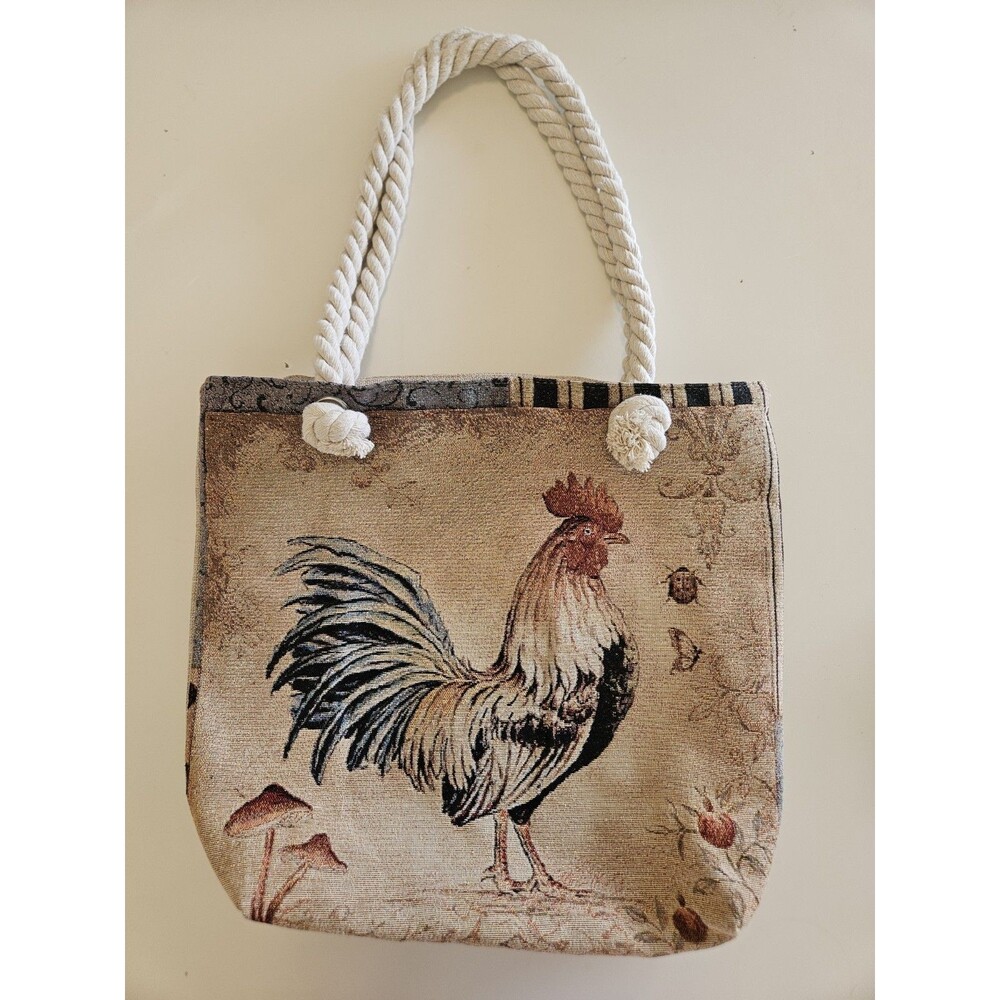 Rooster Print Tote Bag with Knotted Rope Handles Beige Multicolor Animal Print